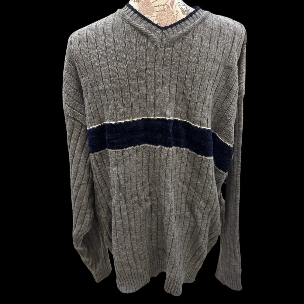 VTG Koman Sport Sweater Men's Large Grey/Blue V-neck Size 2XL Big & Tall